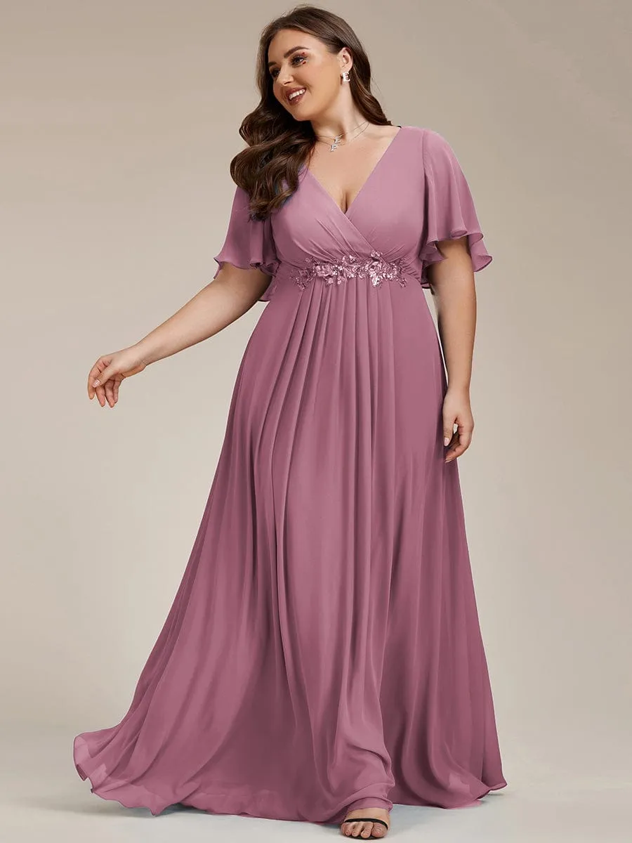 Gentle Iris | Plus Size Floral Applique Short Sleeve A-Line Chiffon Formal Evening Dress