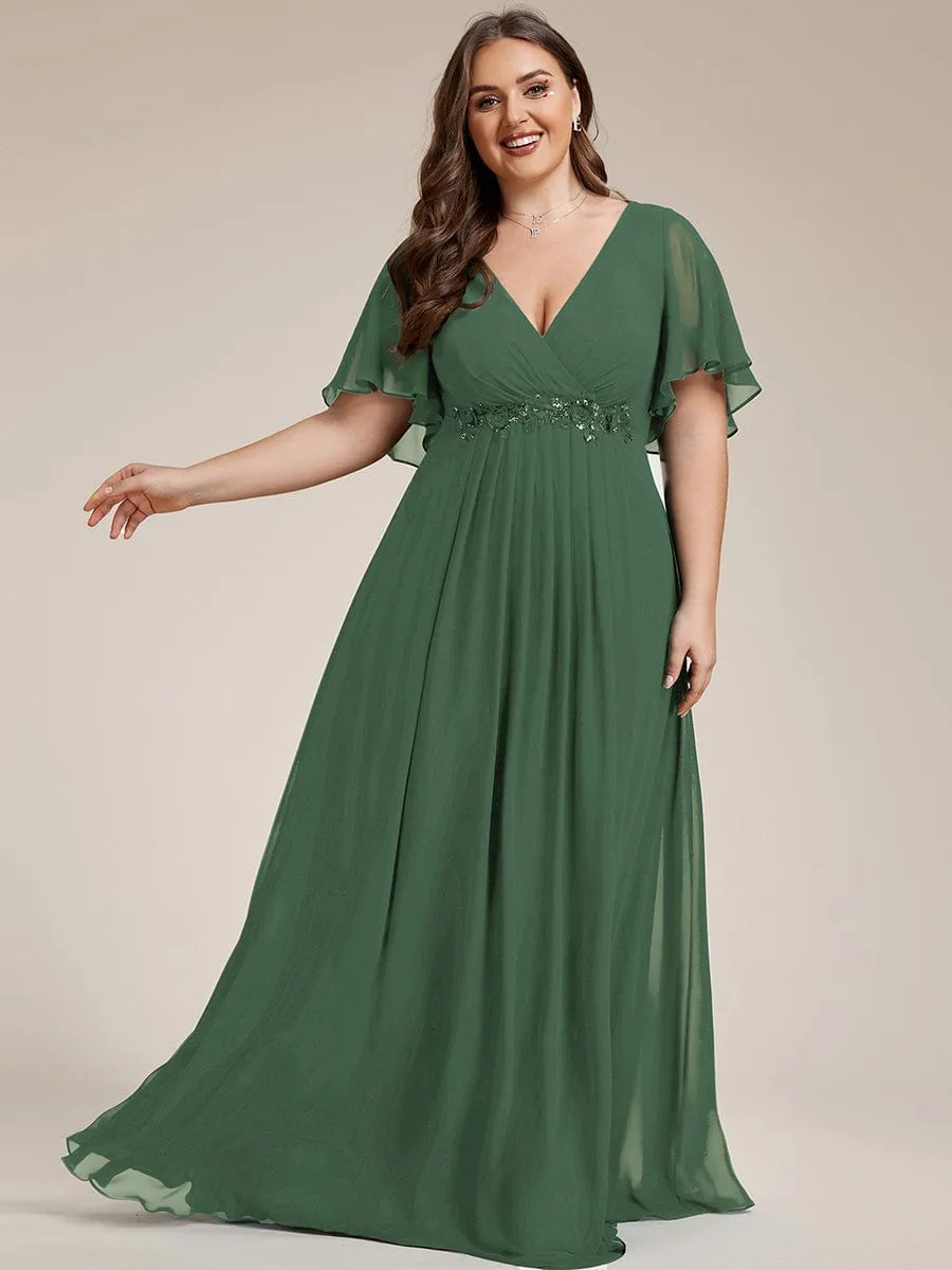 Gentle Iris | Plus Size Floral Applique Short Sleeve A-Line Chiffon Formal Evening Dress