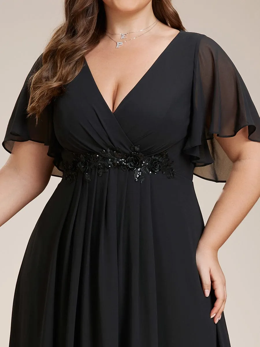 Gentle Iris | Plus Size Floral Applique Short Sleeve A-Line Chiffon Formal Evening Dress