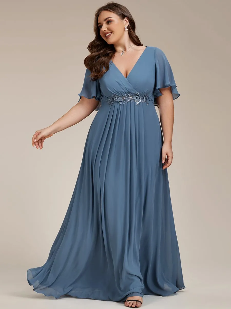 Gentle Iris | Plus Size Floral Applique Short Sleeve A-Line Chiffon Formal Evening Dress