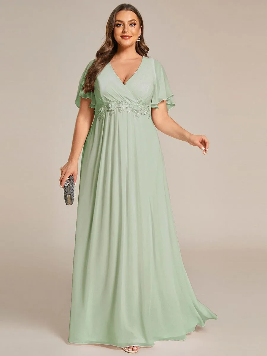 Gentle Iris | Plus Size Floral Applique Short Sleeve A-Line Chiffon Formal Evening Dress