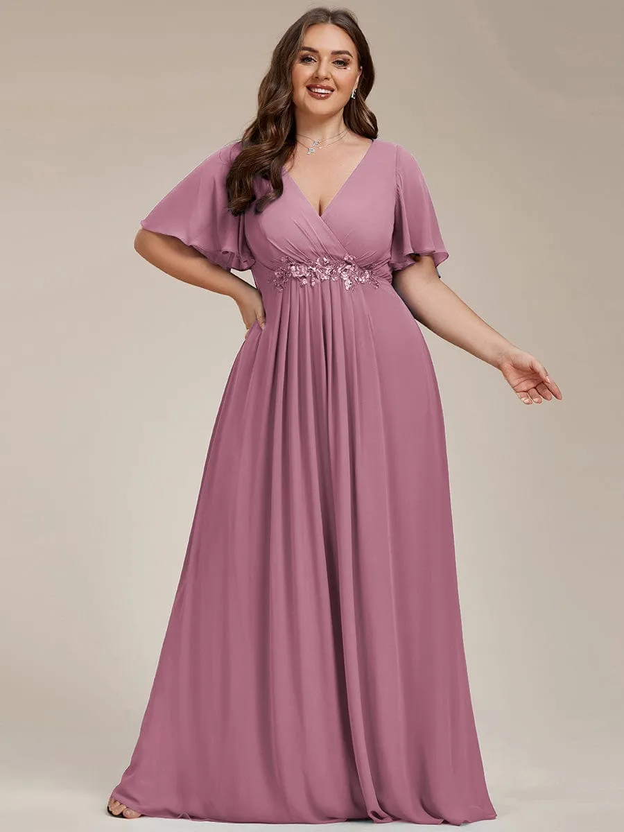 Gentle Iris | Plus Size Floral Applique Short Sleeve A-Line Chiffon Formal Evening Dress