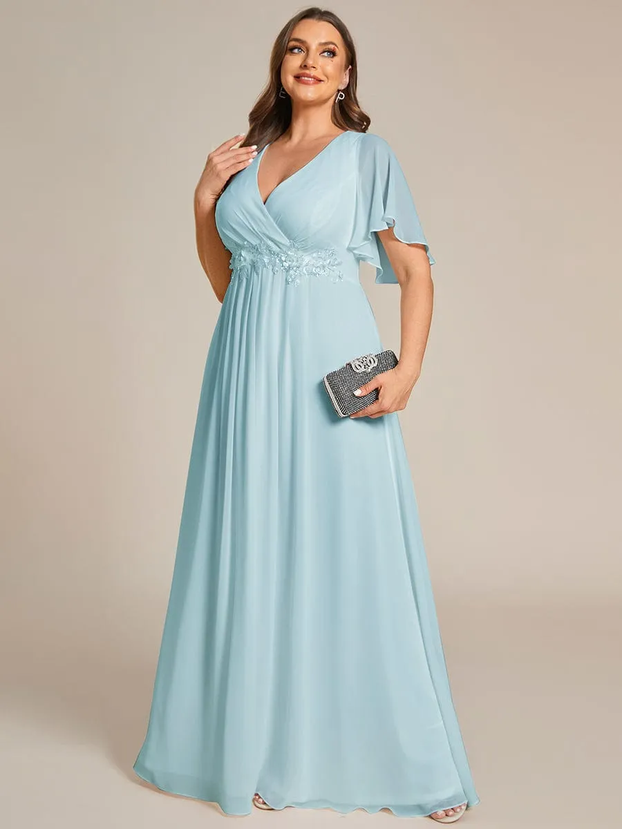 Gentle Iris | Plus Size Floral Applique Short Sleeve A-Line Chiffon Formal Evening Dress