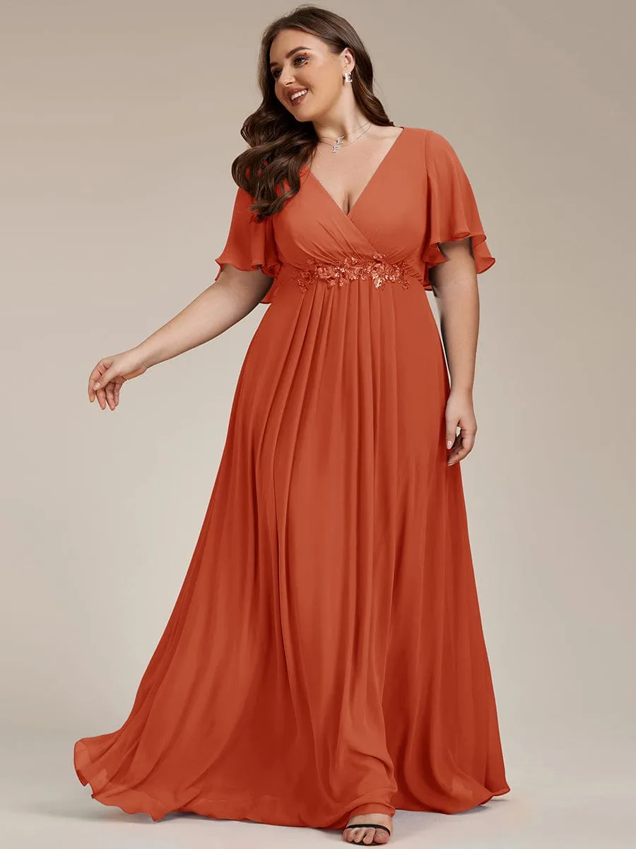 Gentle Iris | Plus Size Floral Applique Short Sleeve A-Line Chiffon Formal Evening Dress