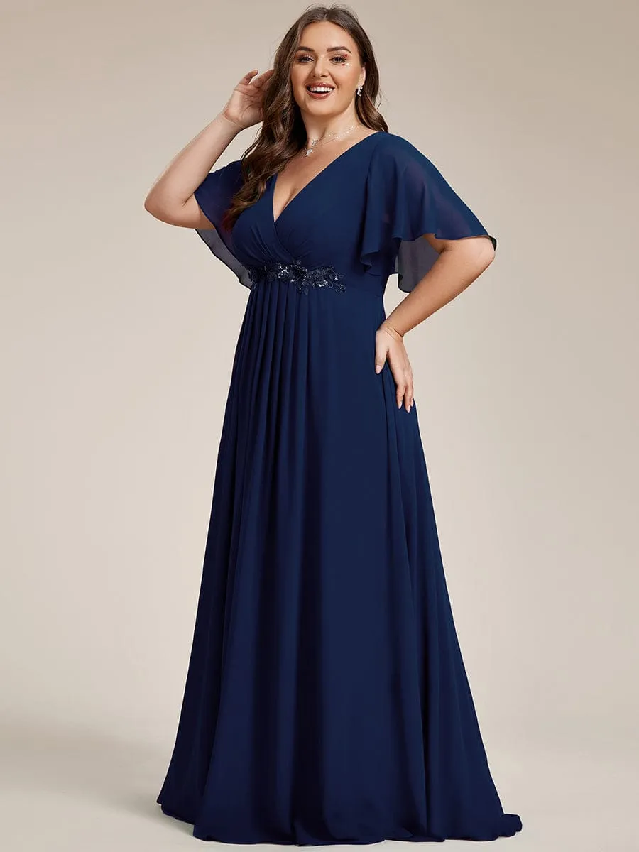 Gentle Iris | Plus Size Floral Applique Short Sleeve A-Line Chiffon Formal Evening Dress