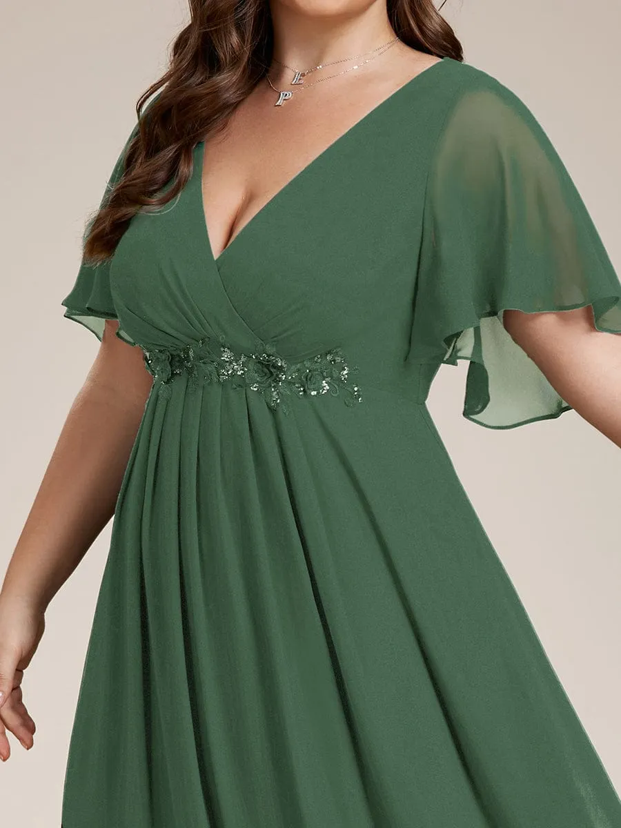 Gentle Iris | Plus Size Floral Applique Short Sleeve A-Line Chiffon Formal Evening Dress