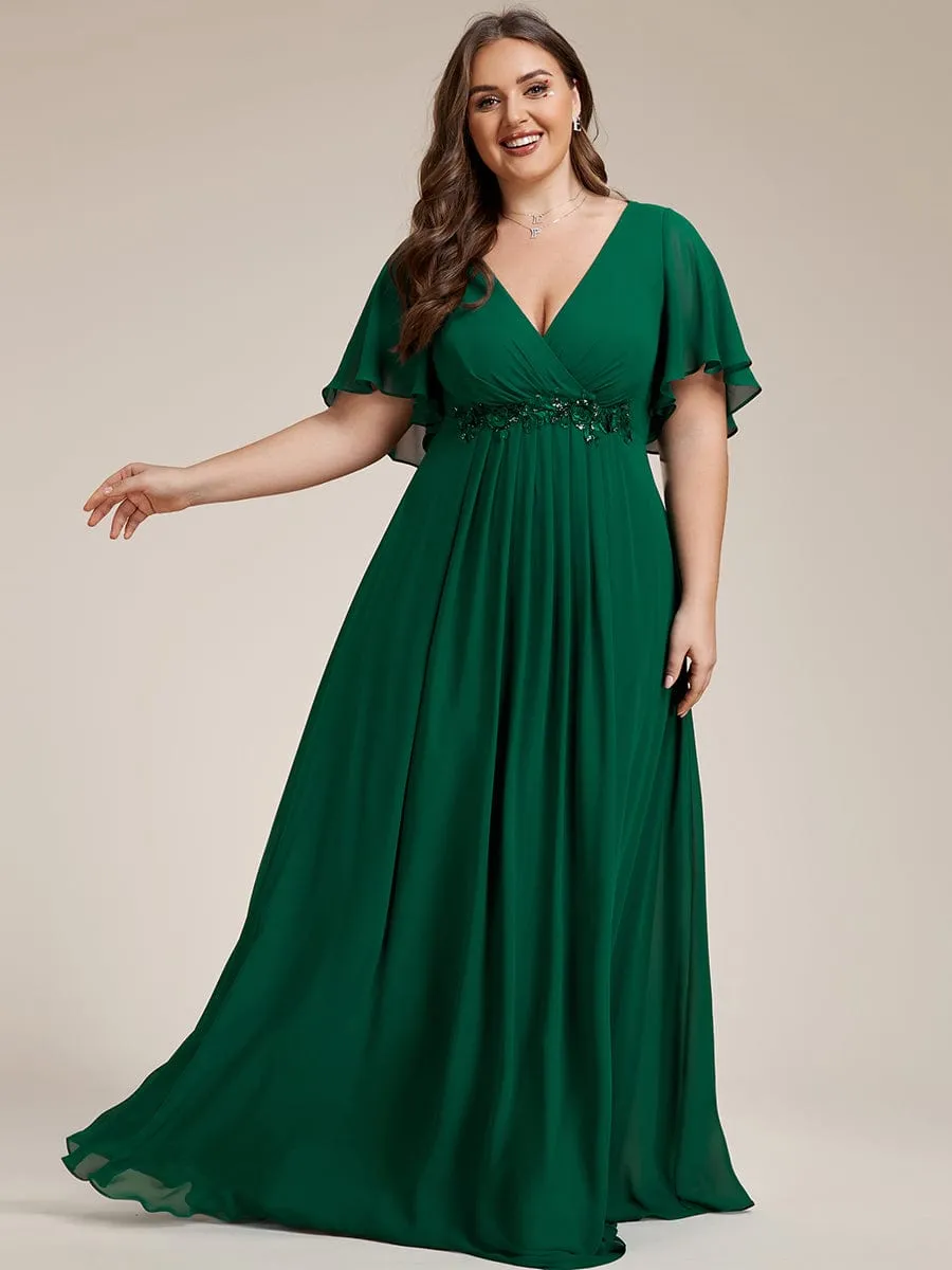 Gentle Iris | Plus Size Floral Applique Short Sleeve A-Line Chiffon Formal Evening Dress