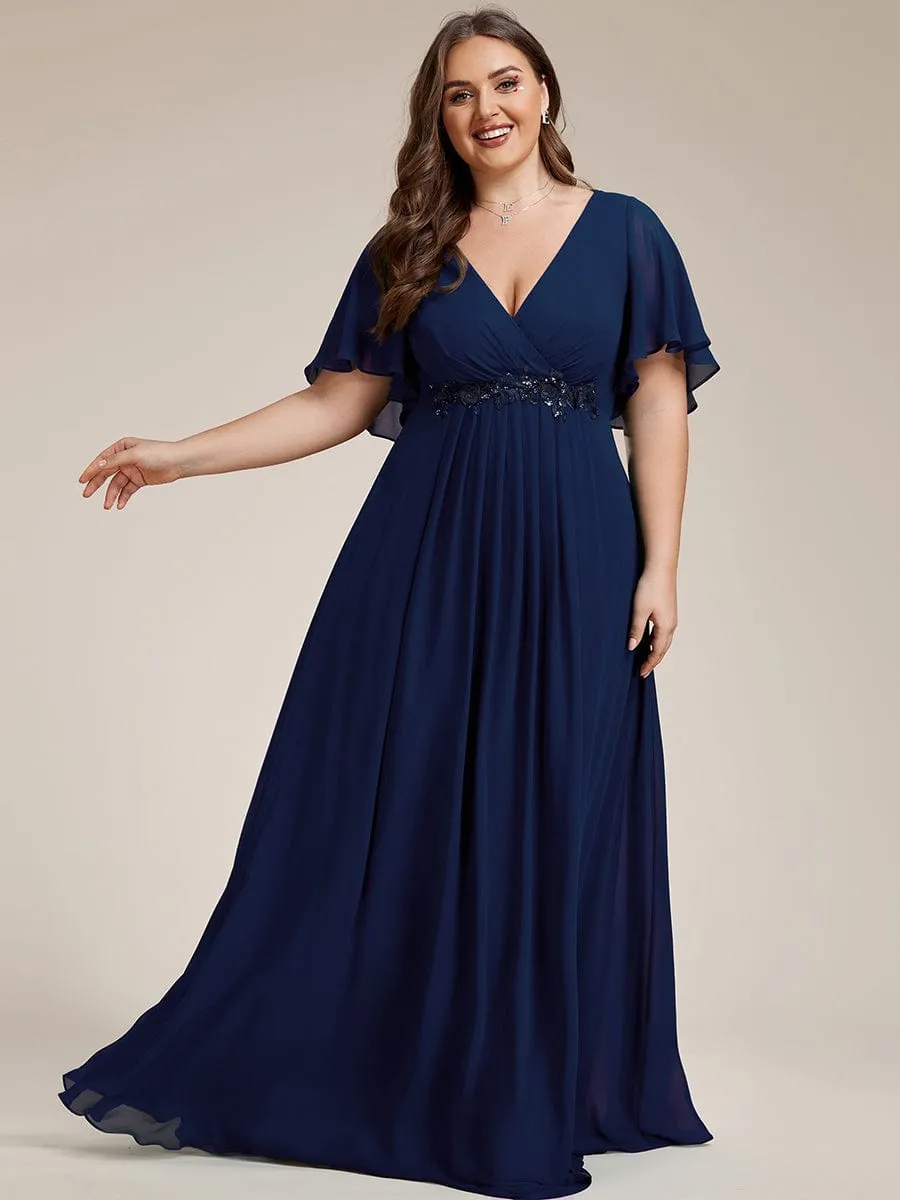 Gentle Iris | Plus Size Floral Applique Short Sleeve A-Line Chiffon Formal Evening Dress