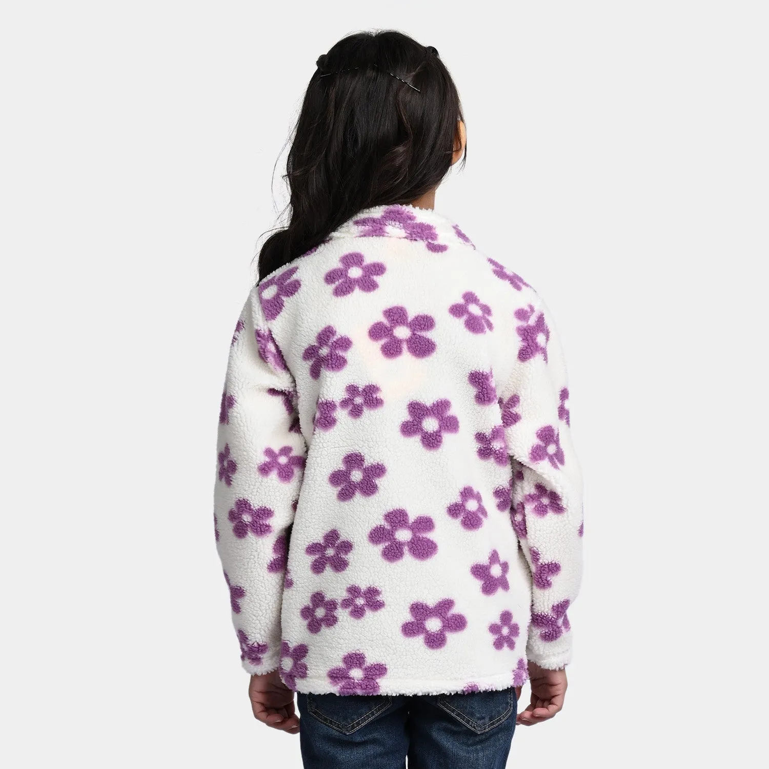 Girls Sherpa Jacket Flower-White