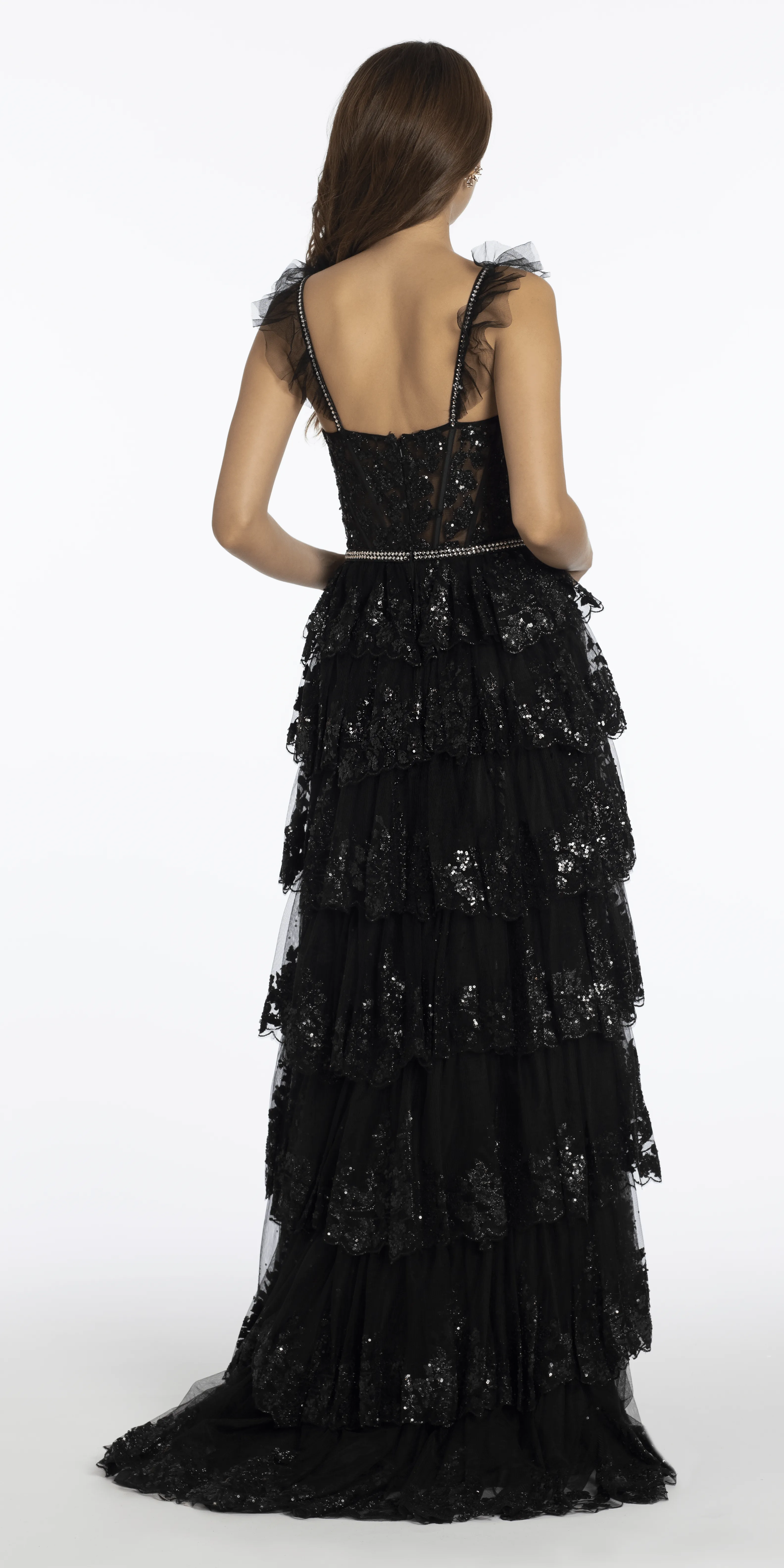 Glitter Mesh Corset Tiered Ballgown with Sequin and Ruffle Detail