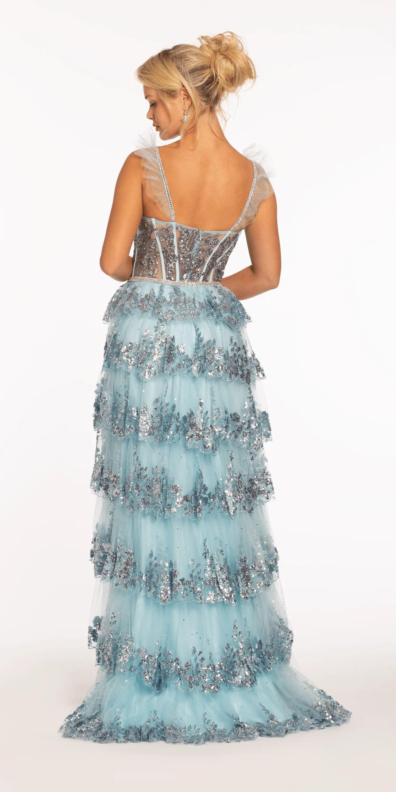 Glitter Mesh Corset Tiered Ballgown with Sequin and Ruffle Detail