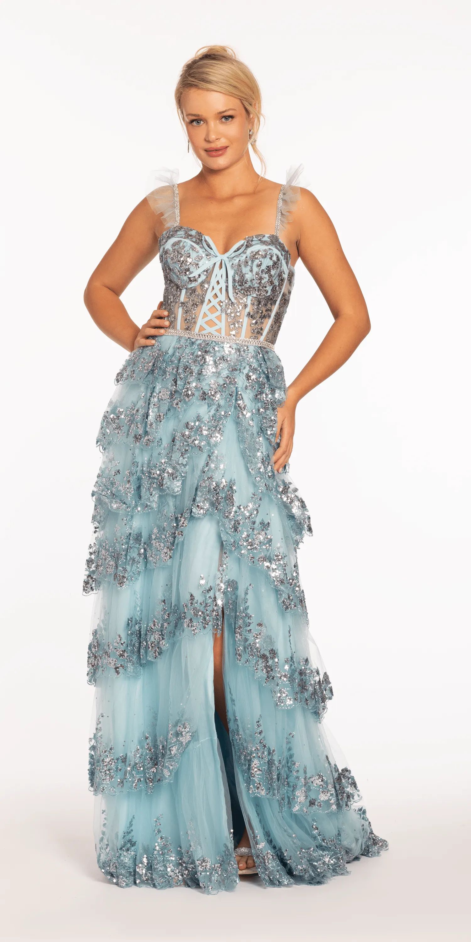 Glitter Mesh Corset Tiered Ballgown with Sequin and Ruffle Detail