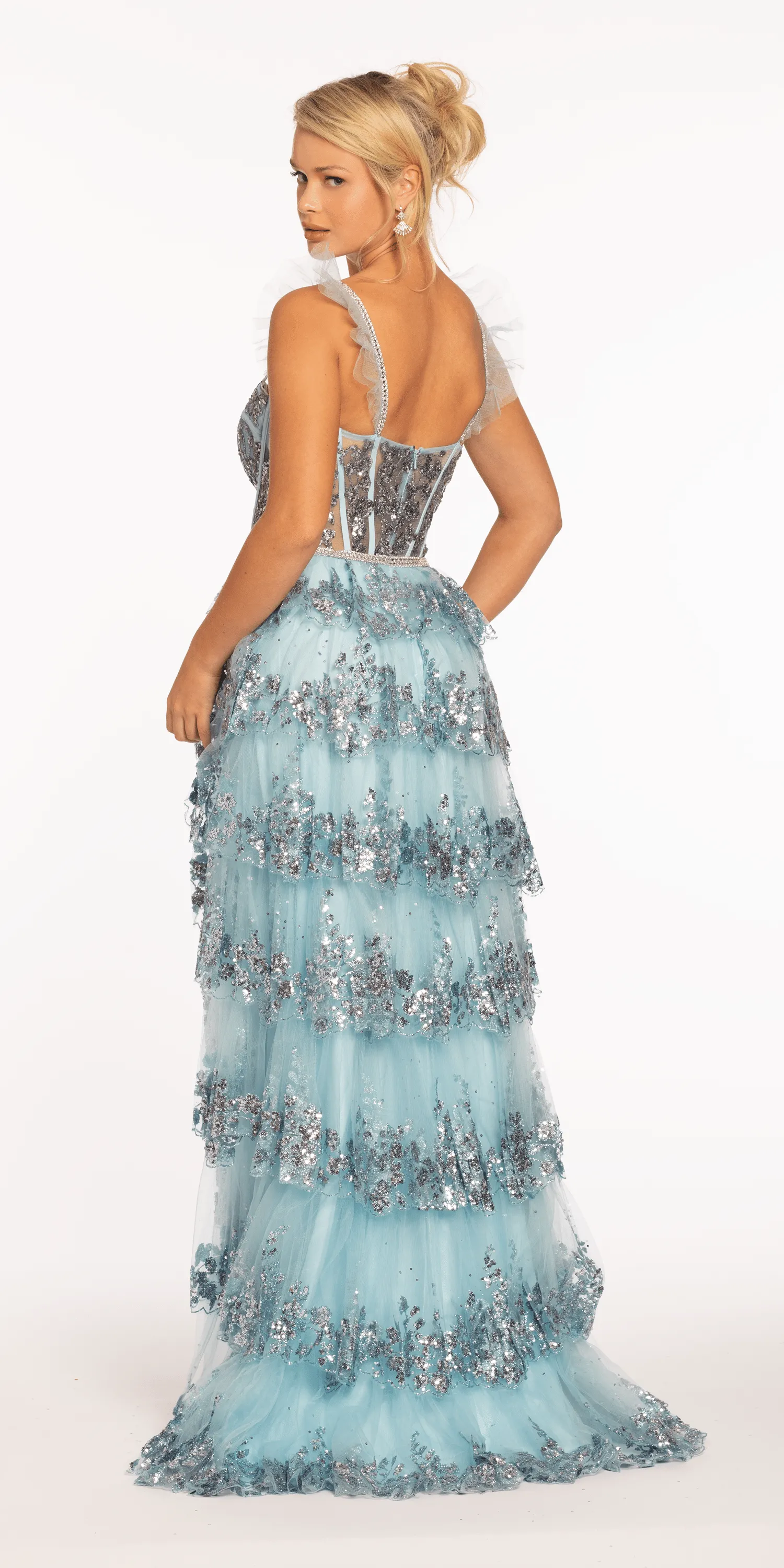 Glitter Mesh Corset Tiered Ballgown with Sequin and Ruffle Detail