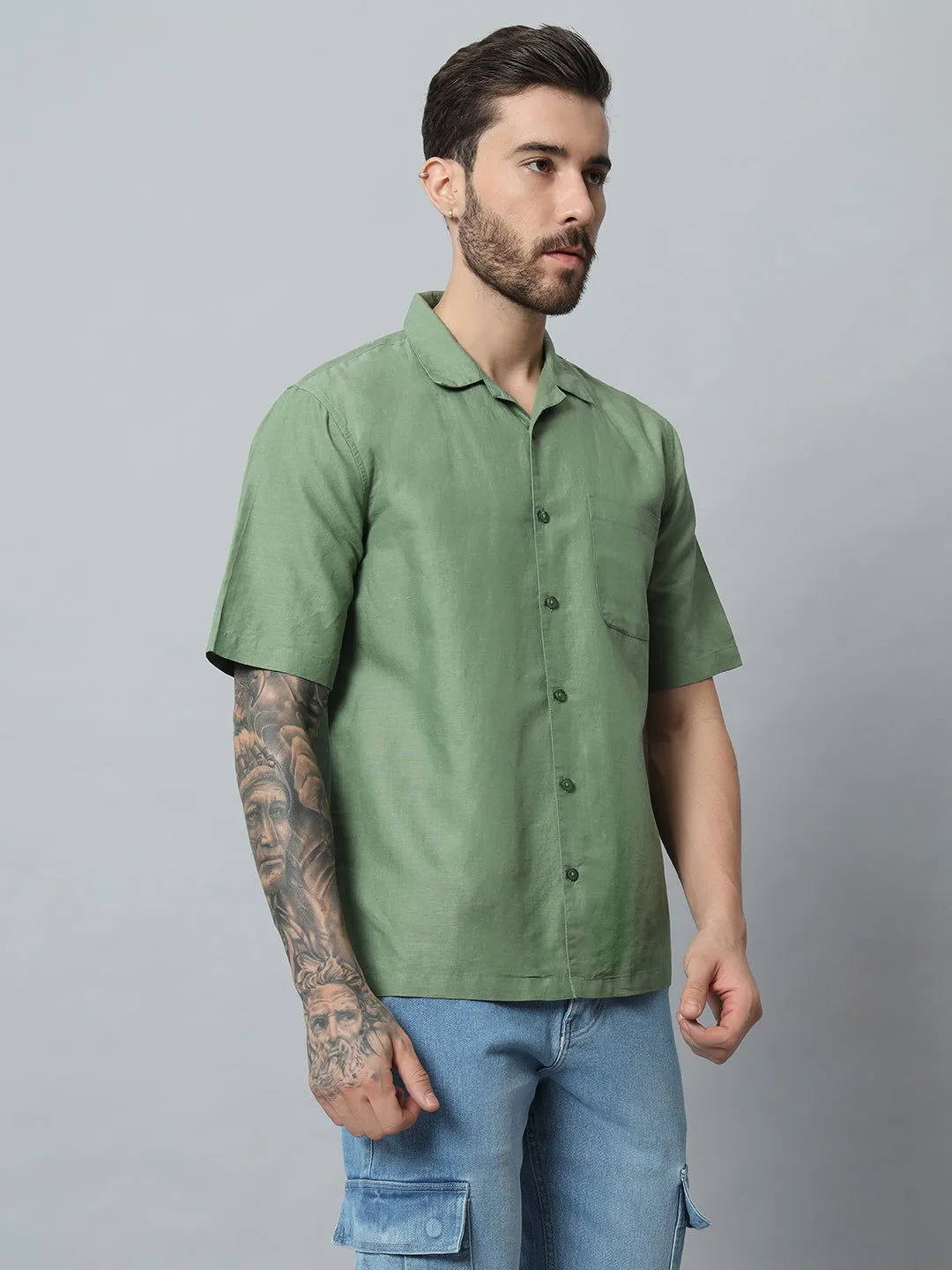 GREEN COTTON LINEN SHIRT