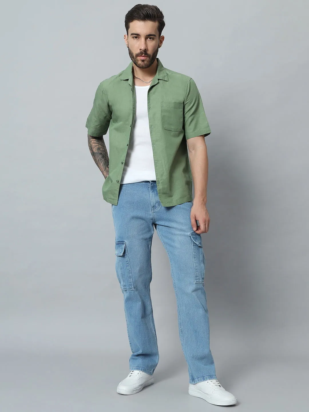 GREEN COTTON LINEN SHIRT