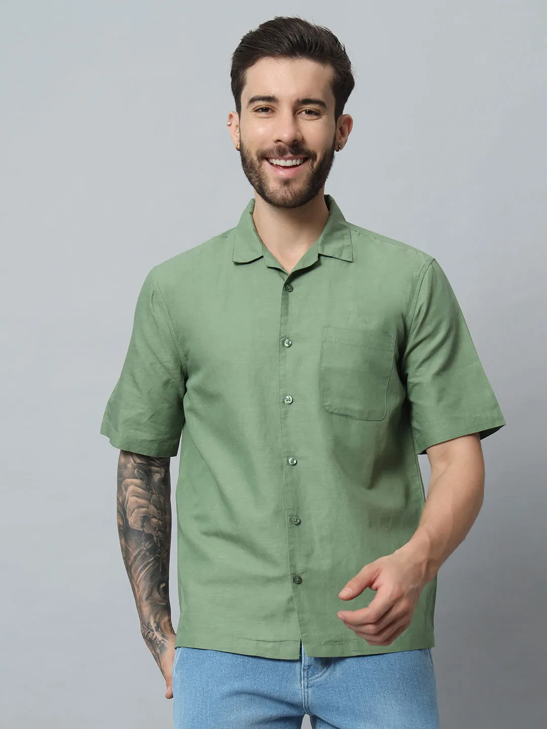 GREEN COTTON LINEN SHIRT