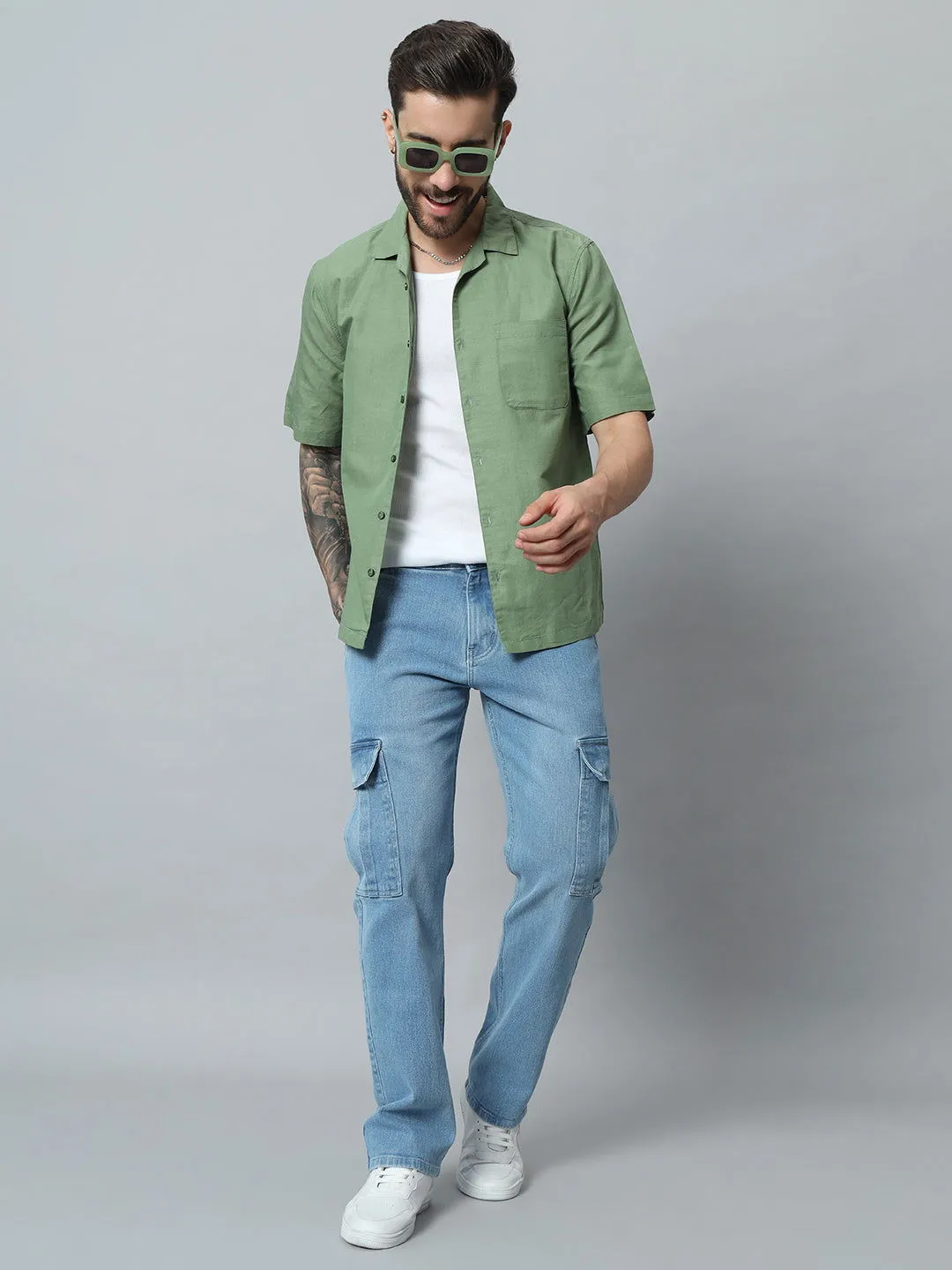 GREEN COTTON LINEN SHIRT