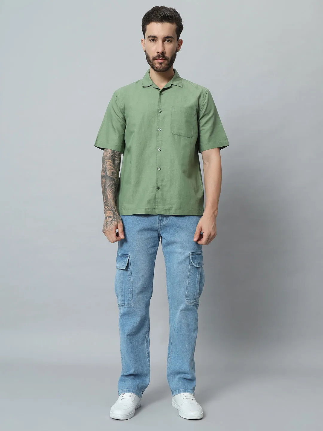 GREEN COTTON LINEN SHIRT