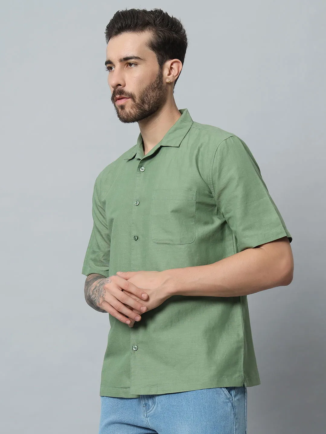 GREEN COTTON LINEN SHIRT