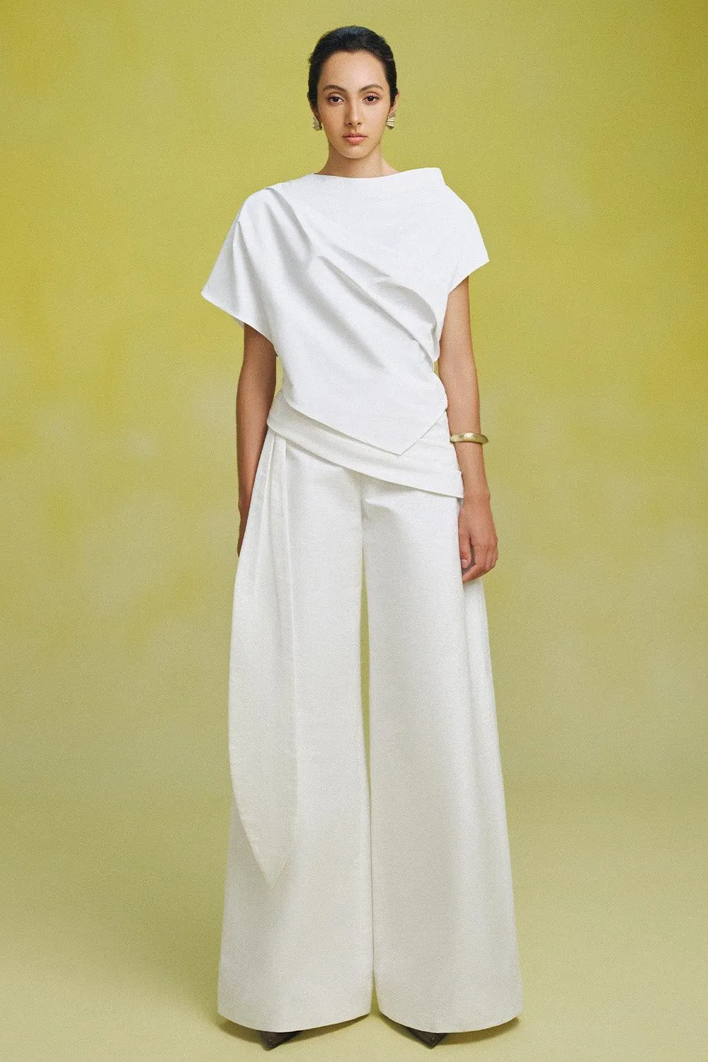 Ha Flared Waist Pleated Linen Blend Floor Length Pants