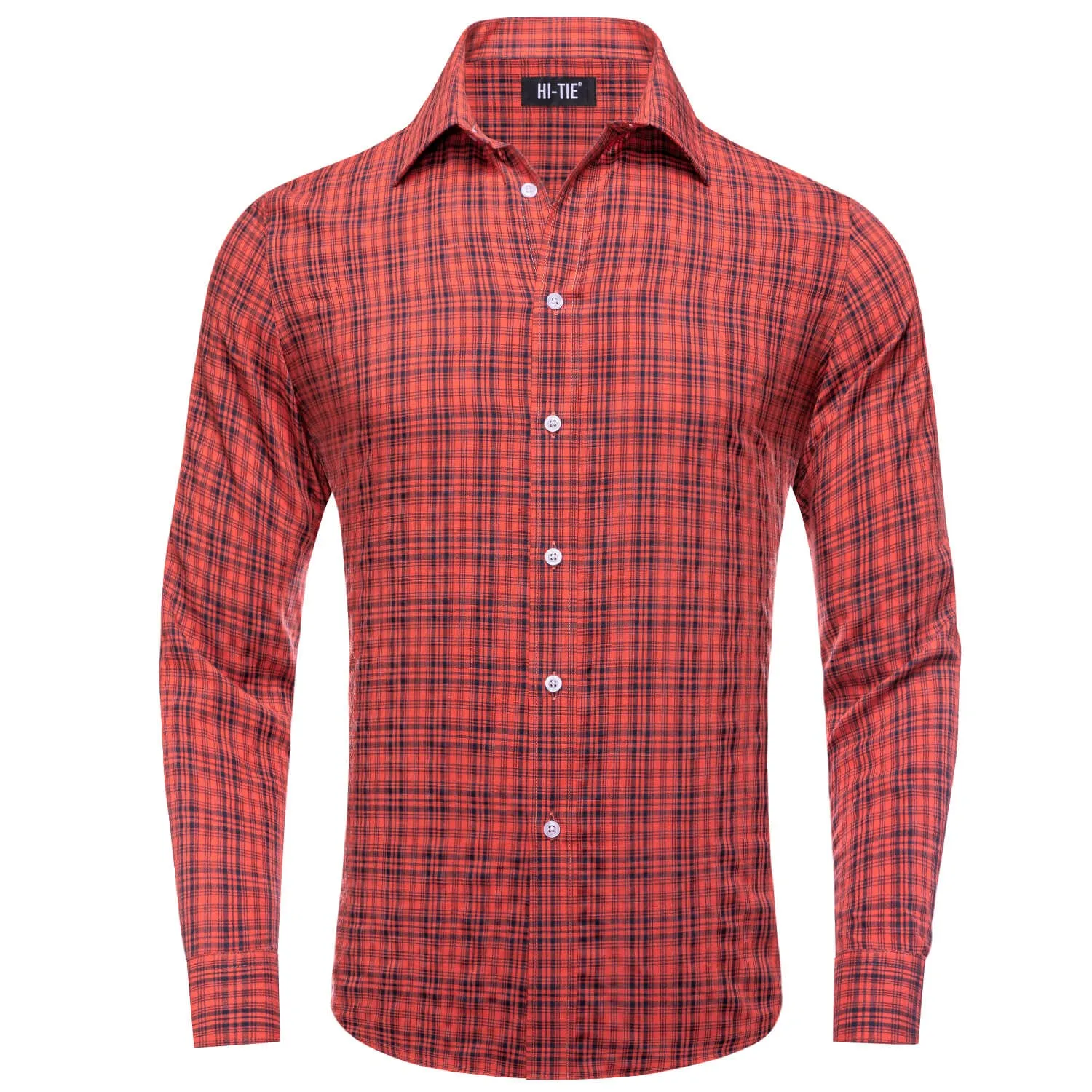 Hi-Tie Button Down Shirt Red Blue Plaid Silk Men's Shirt Classic