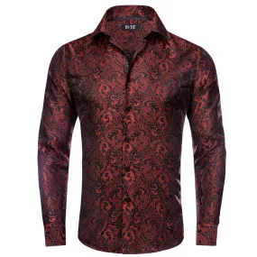 Hi-Tie Long Sleeve Shirt Maroon Red Black Paisley Collar Shirt