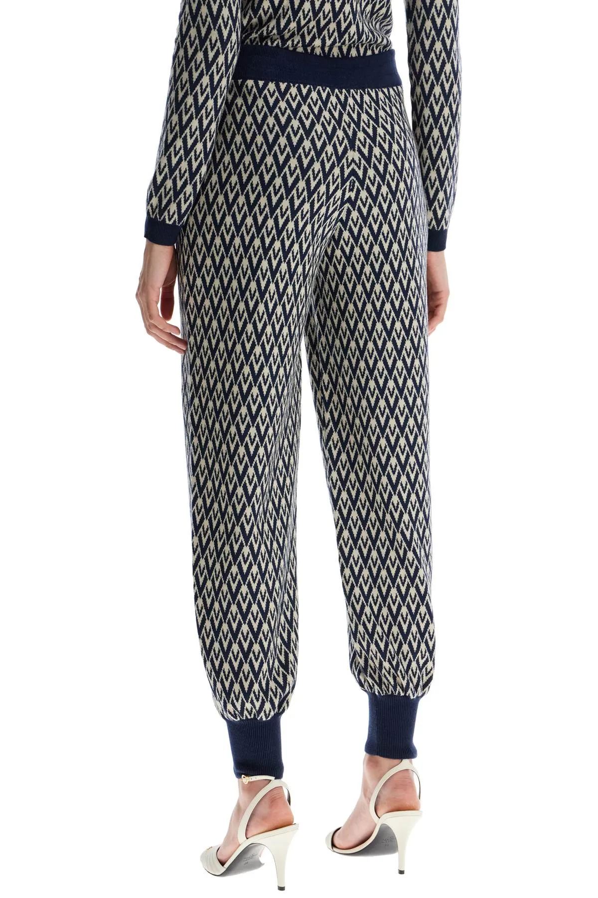 High-waisted Wide-leg Zigzag Cream And Navy Virgin Wool Pants