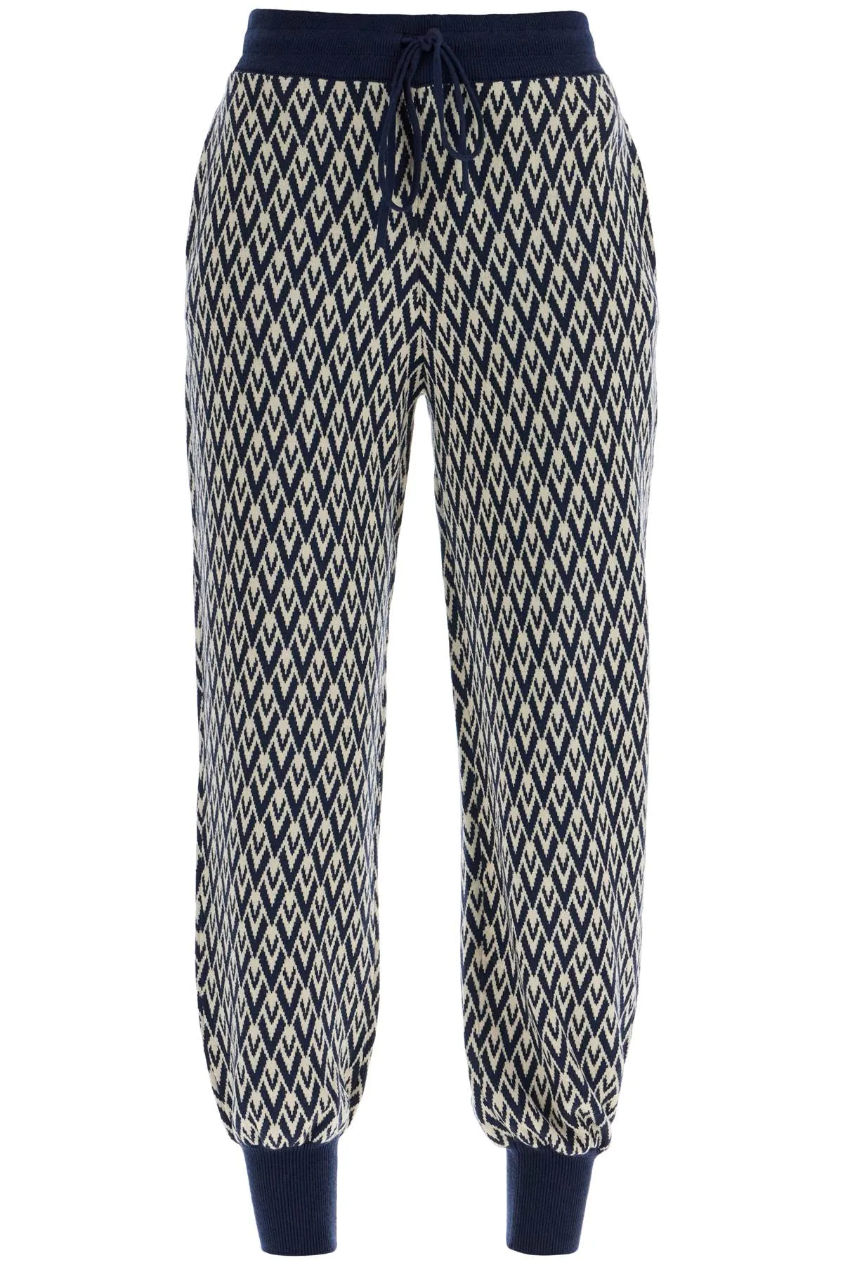 High-waisted Wide-leg Zigzag Cream And Navy Virgin Wool Pants