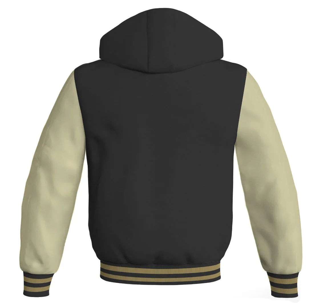 Hoodies For Men Black Body and Cream Leather Sleeves Varsity Hoodie