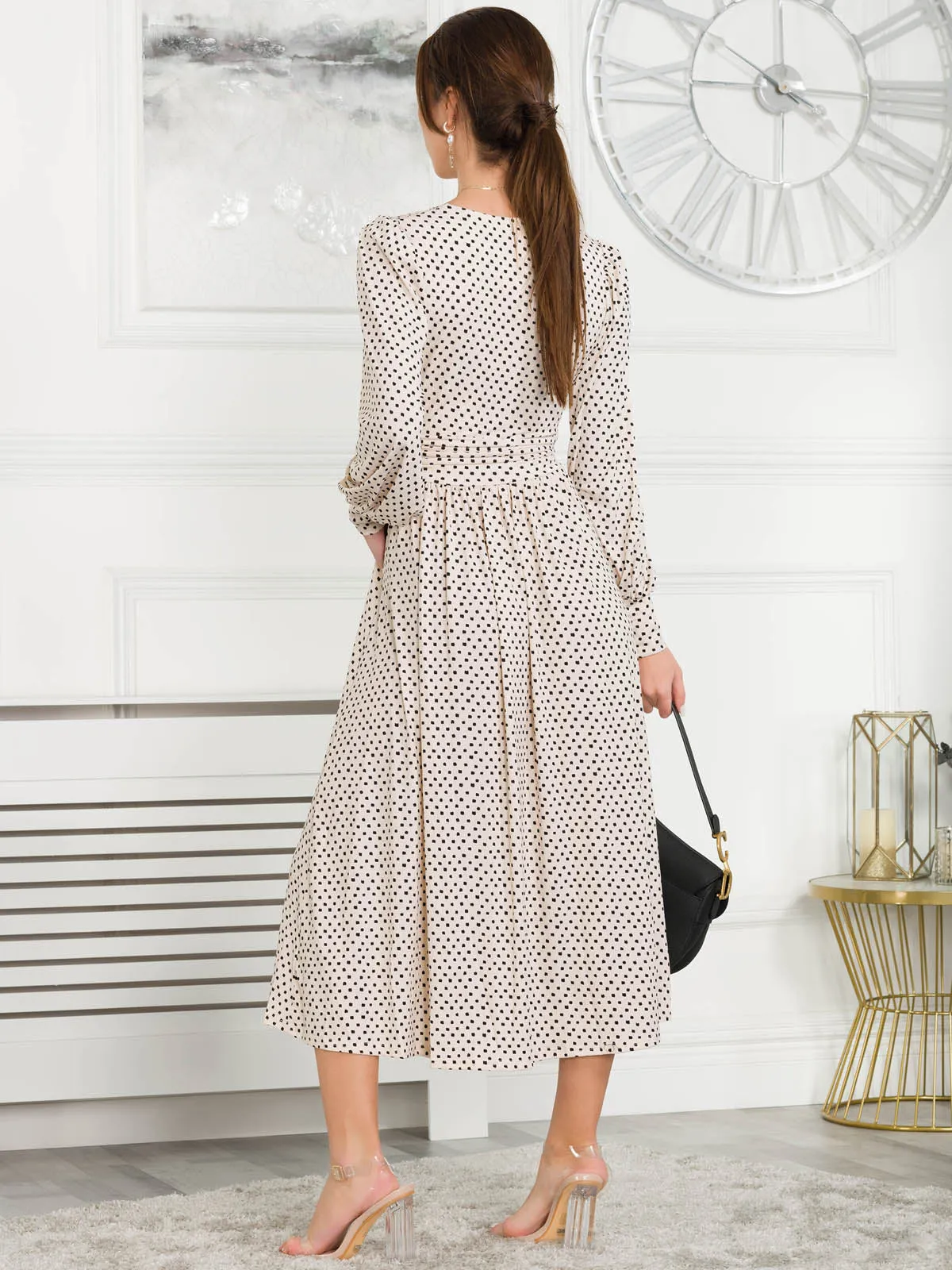 Jolie Moi Allyn Long Sleeved Maxi Dress, Cream Polka Dot