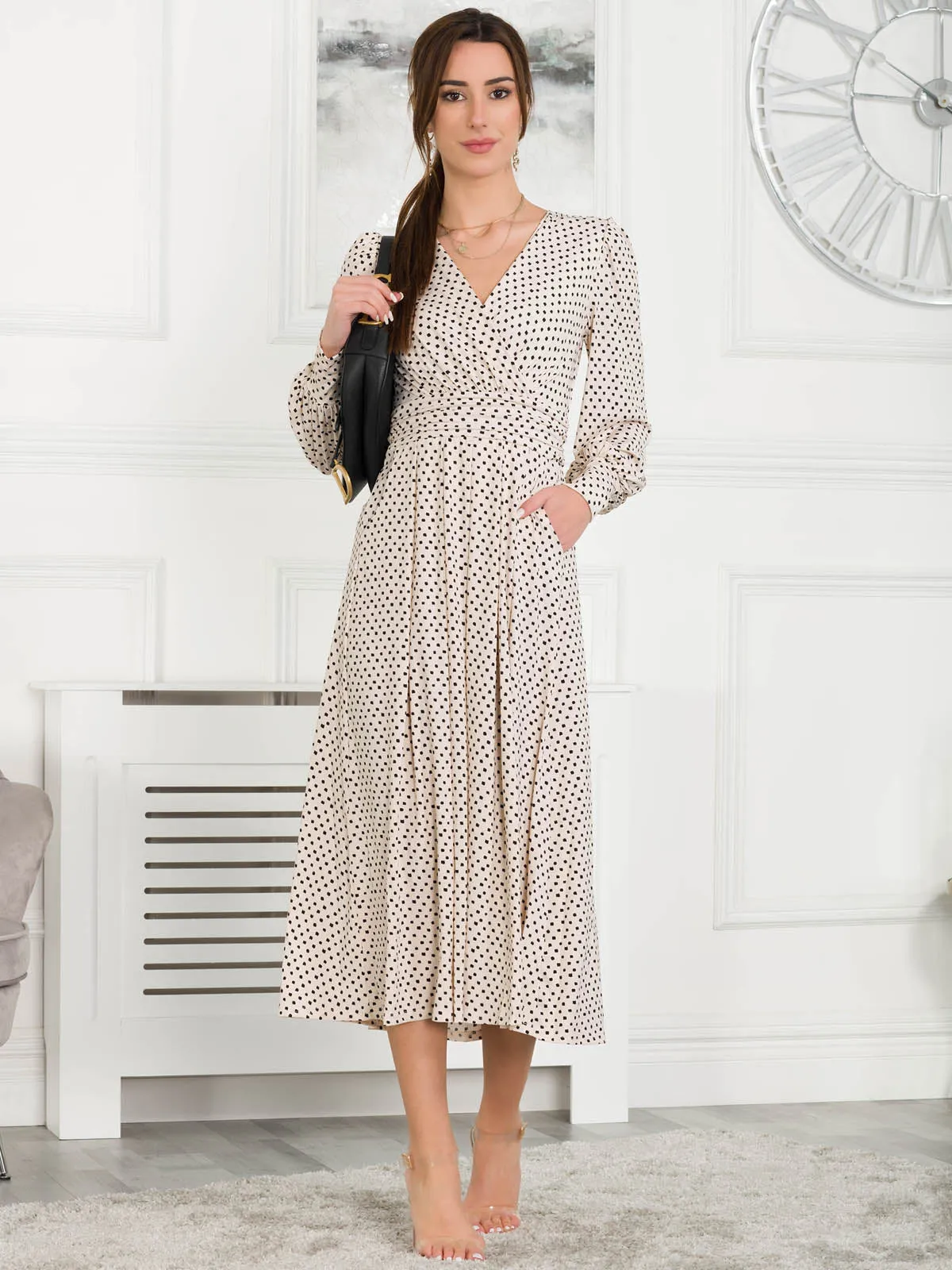 Jolie Moi Allyn Long Sleeved Maxi Dress, Cream Polka Dot