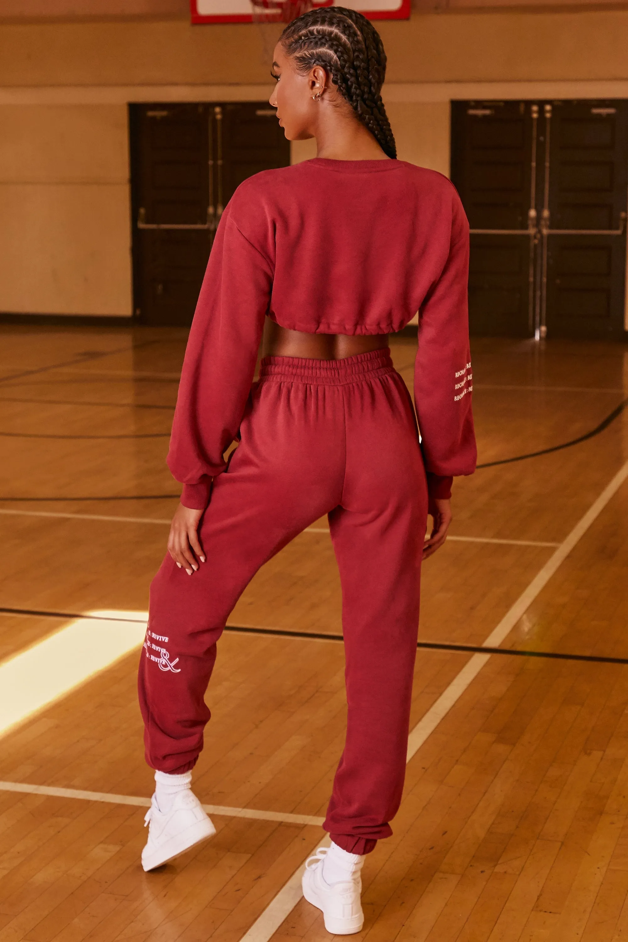 Keep Moving Cropped Drawstring Sweatshirt in Burgundy