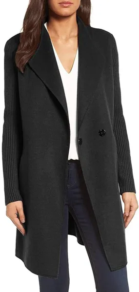 Kenneth Cole New York Women's Jacket Double Face Wool Blend Coat with Knit Sleeve