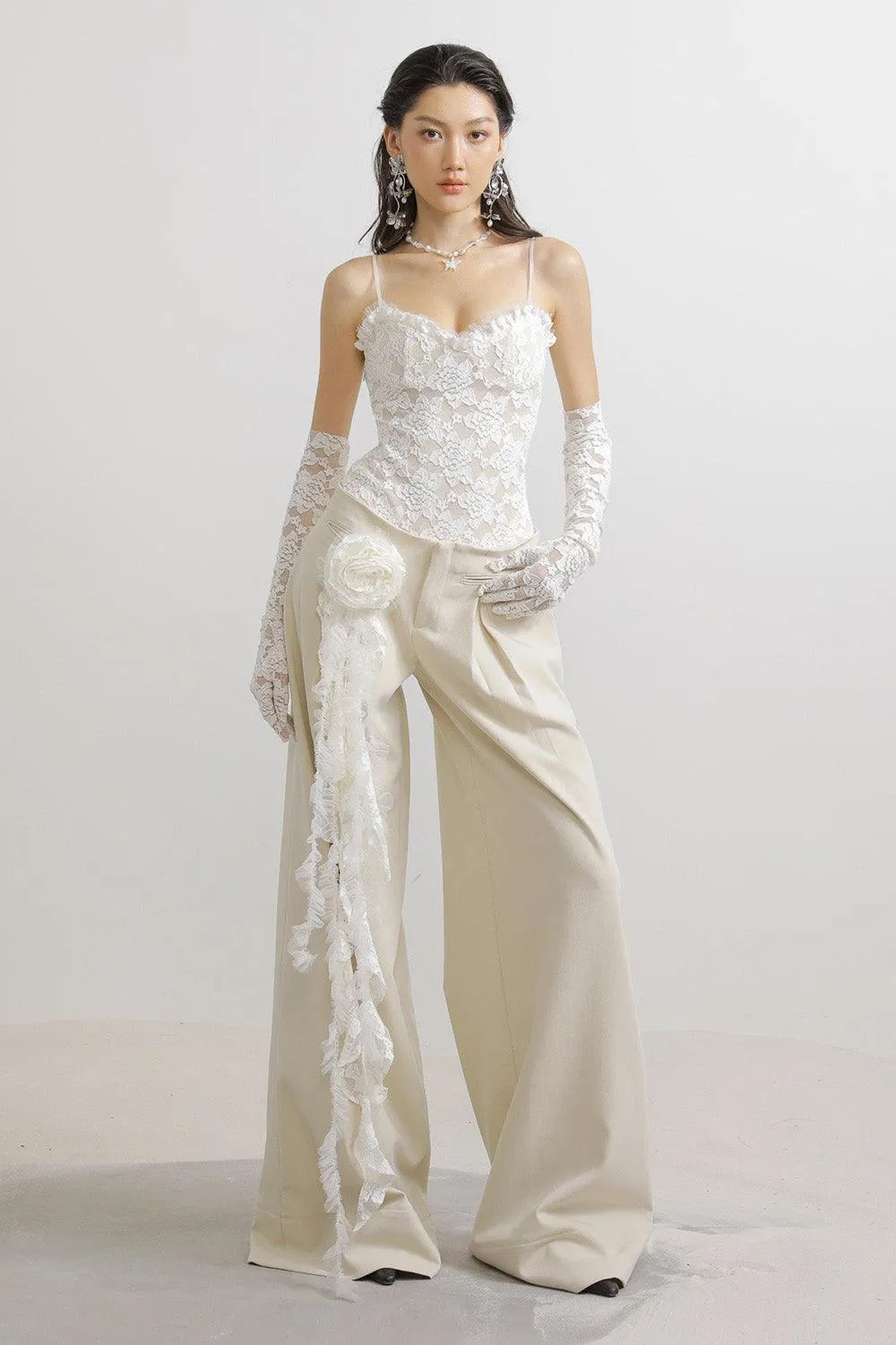 Kinley Flared Pleated Wool Floor Length Pants