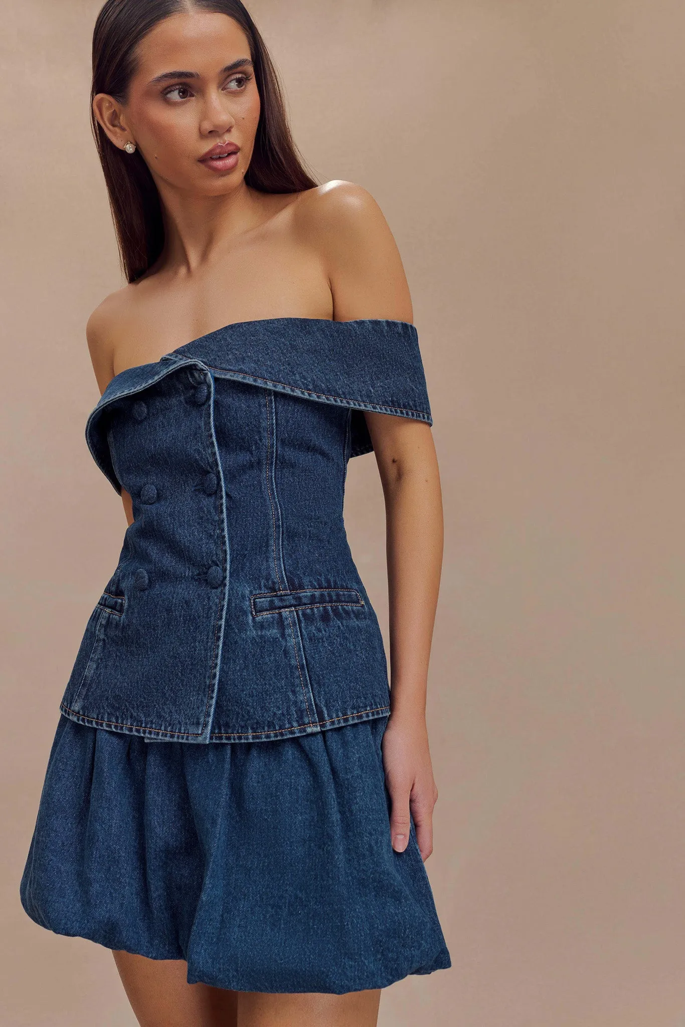 Krista Denim Off Shoulder Top - Dark Blue