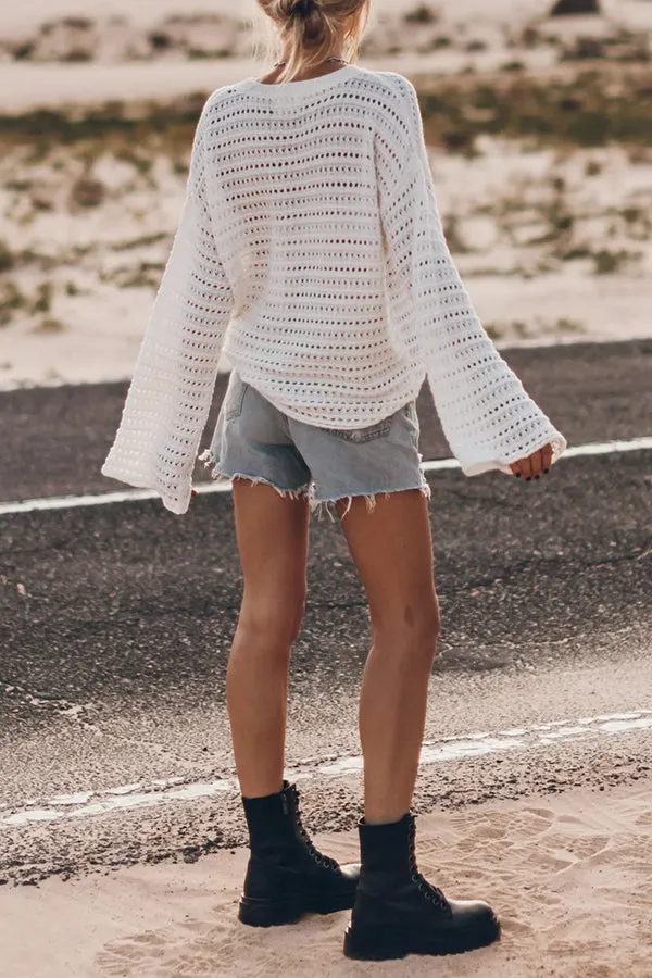 Living Easy Knit Bell Sleeve Hollow Out Relaxed Top