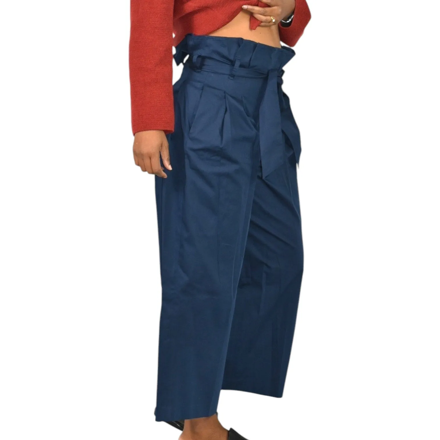 M Martin Pants Blue Navy Cotton Sateen Trousers Wide Leg Loose Straight Crop Paperbag Waist 2