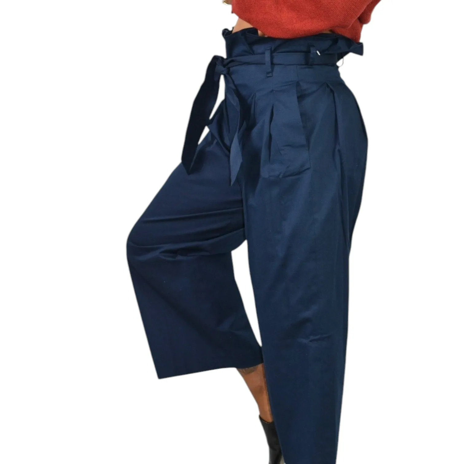 M Martin Pants Blue Navy Cotton Sateen Trousers Wide Leg Loose Straight Crop Paperbag Waist 2