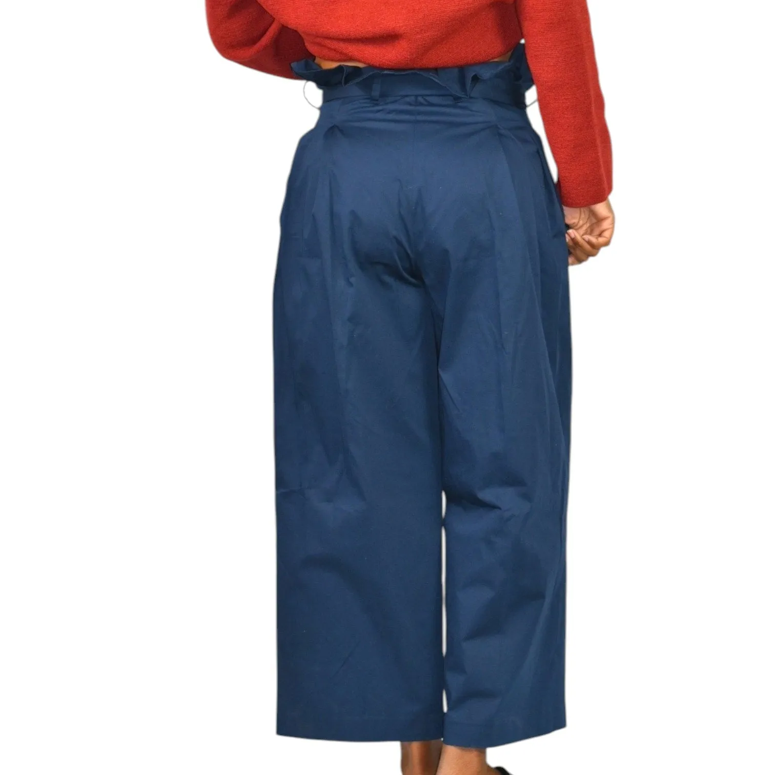 M Martin Pants Blue Navy Cotton Sateen Trousers Wide Leg Loose Straight Crop Paperbag Waist 2