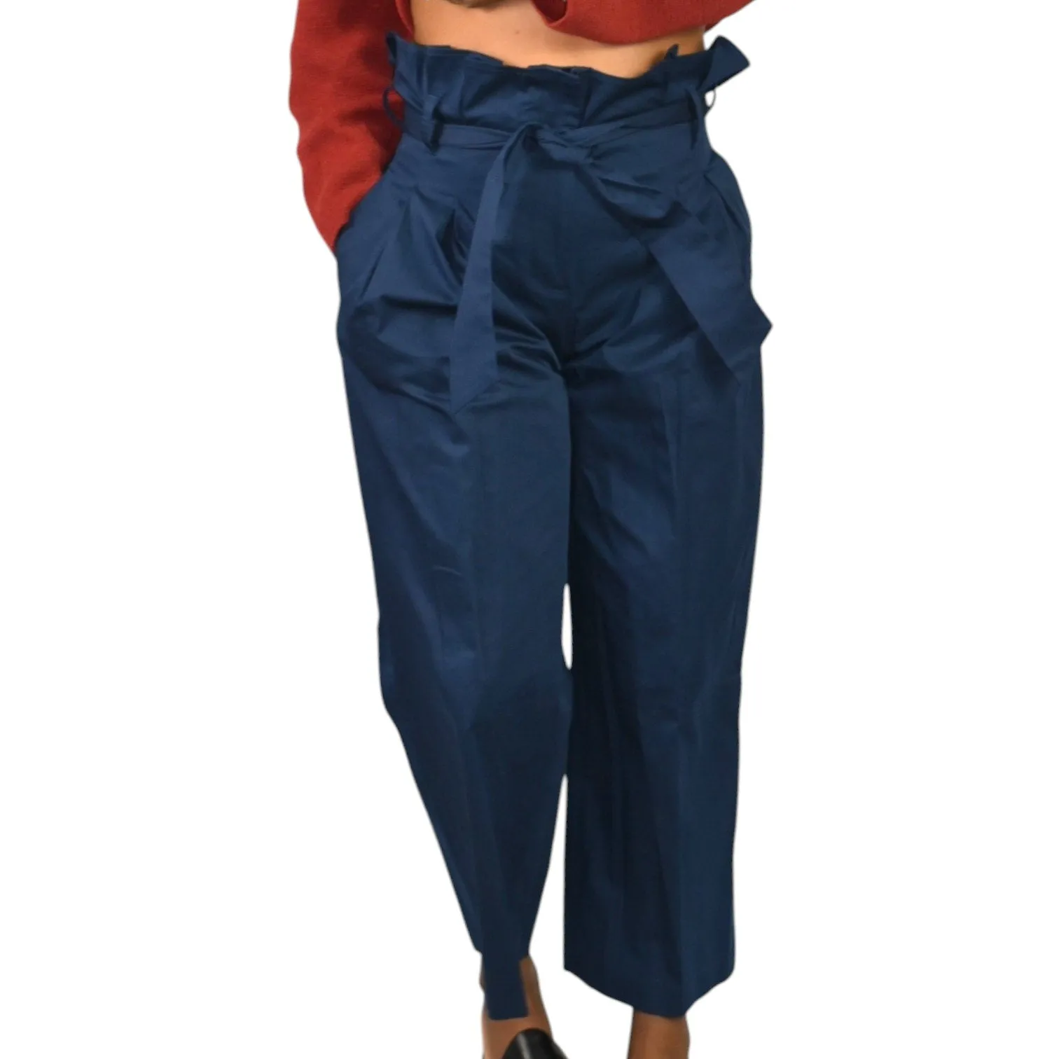 M Martin Pants Blue Navy Cotton Sateen Trousers Wide Leg Loose Straight Crop Paperbag Waist 2