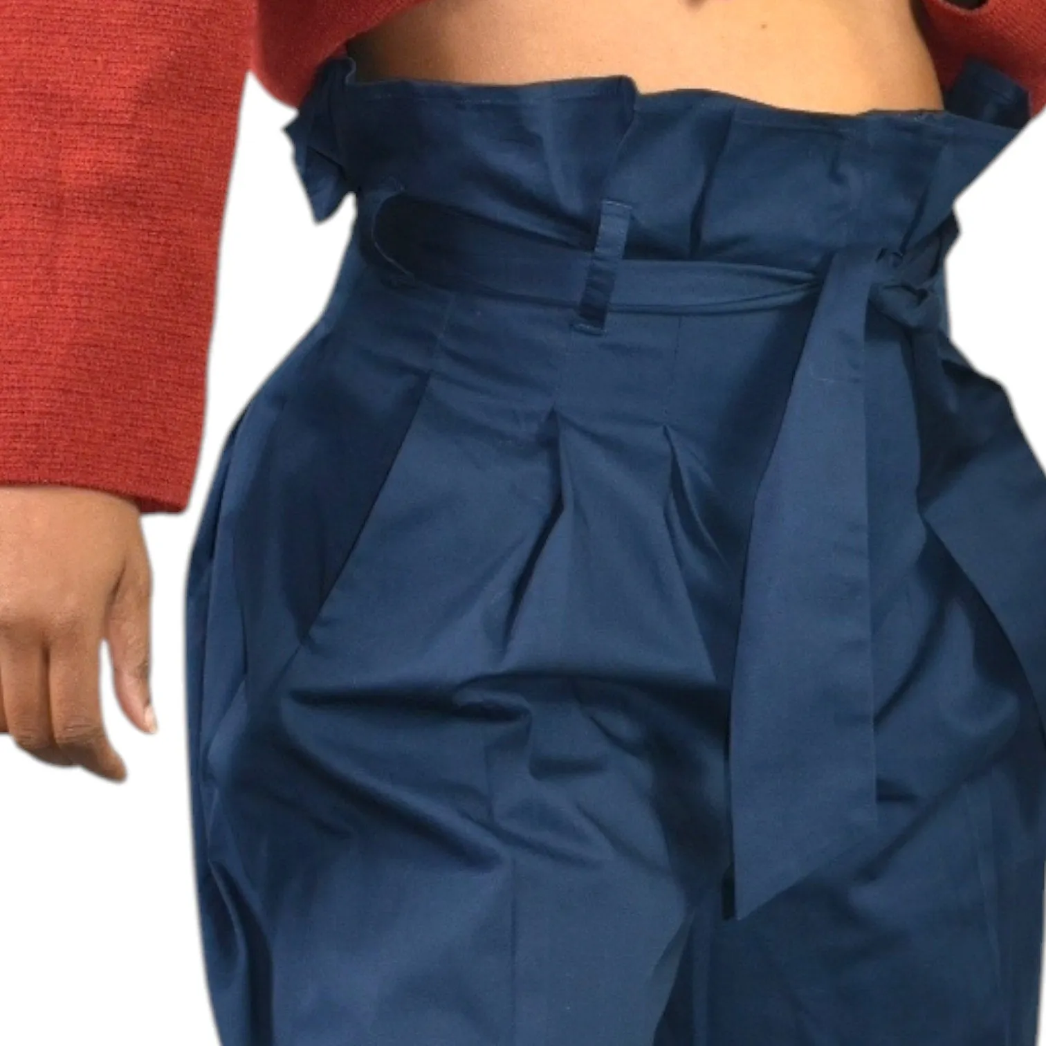 M Martin Pants Blue Navy Cotton Sateen Trousers Wide Leg Loose Straight Crop Paperbag Waist 2