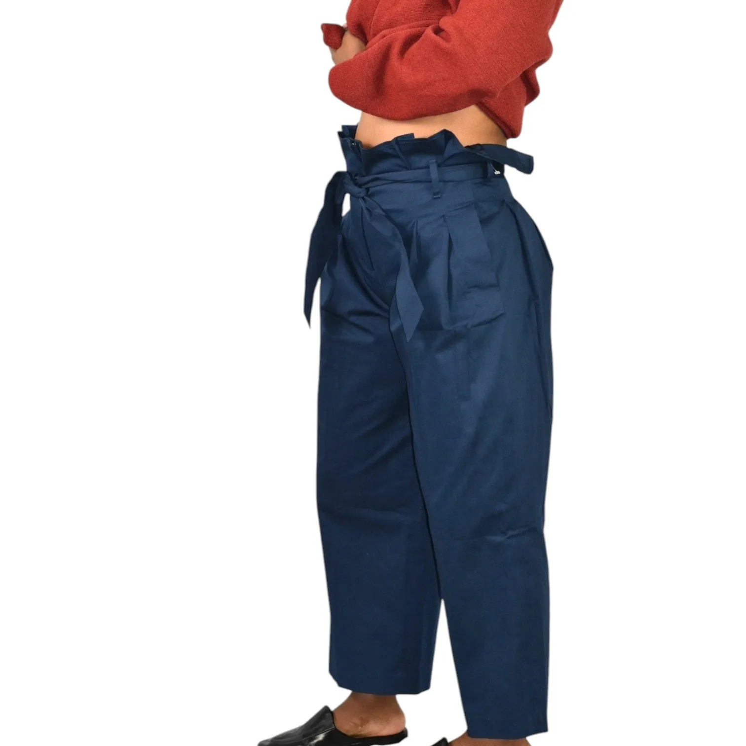 M Martin Pants Blue Navy Cotton Sateen Trousers Wide Leg Loose Straight Crop Paperbag Waist 2