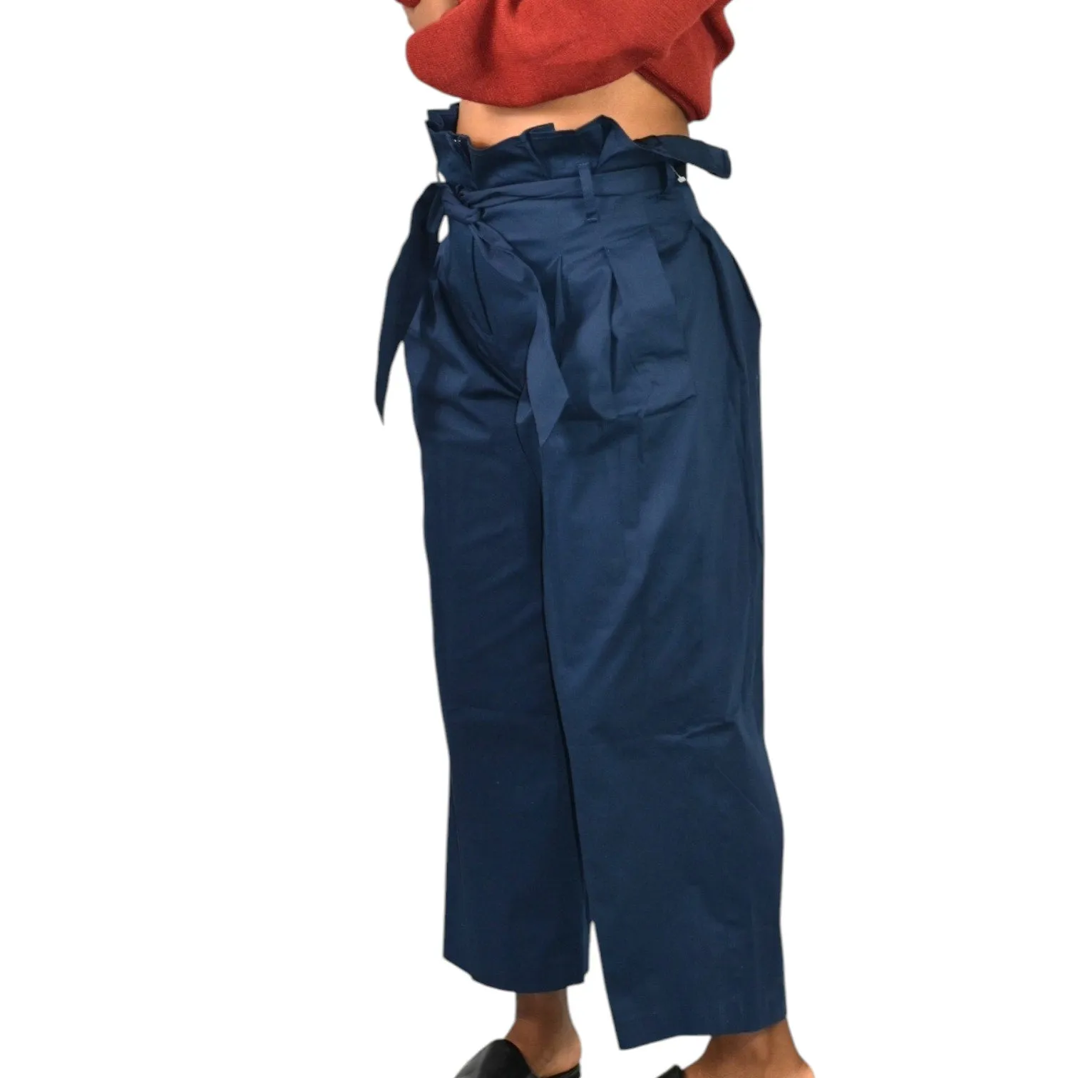 M Martin Pants Blue Navy Cotton Sateen Trousers Wide Leg Loose Straight Crop Paperbag Waist 2