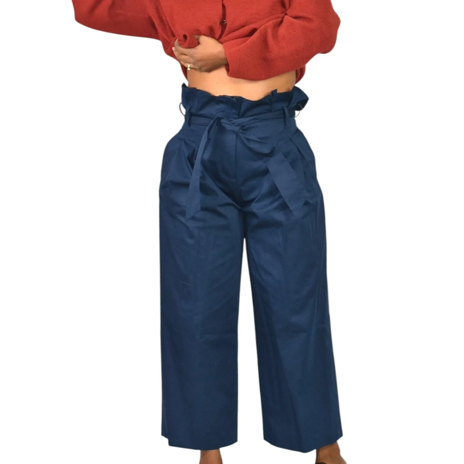 M Martin Pants Blue Navy Cotton Sateen Trousers Wide Leg Loose Straight Crop Paperbag Waist 2