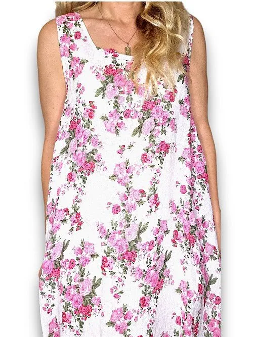 MAXI TANK DRESS LINEN FAR AWAY ROSE WHITE