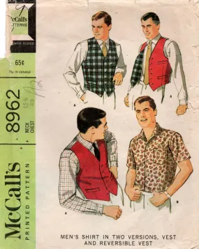 McCall's 8962 Mens Classic Shirts & Reversible Vest 1960s Vintage Sewing Pattern Chest 40 inches