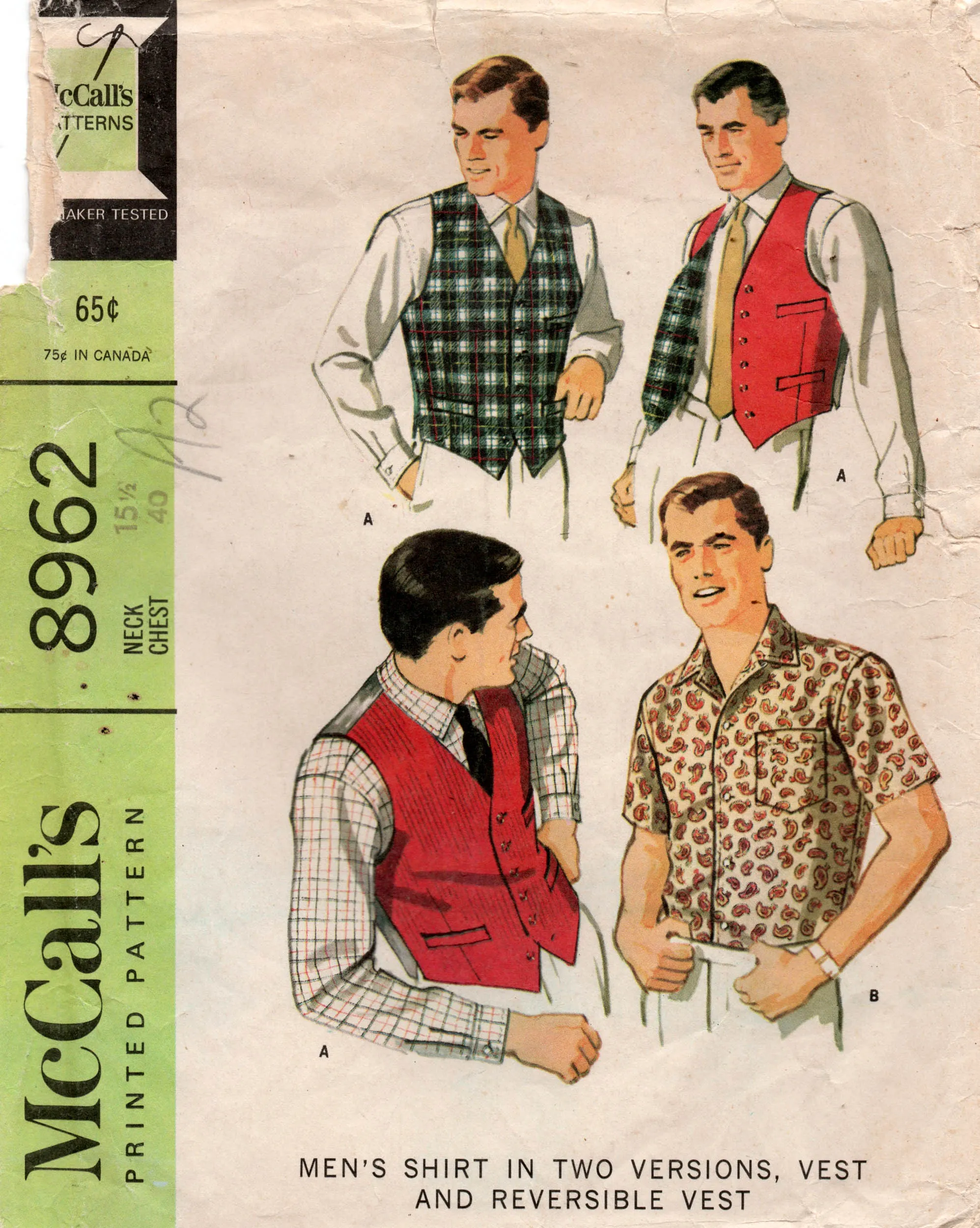 McCall's 8962 Mens Classic Shirts & Reversible Vest 1960s Vintage Sewing Pattern Chest 40 inches