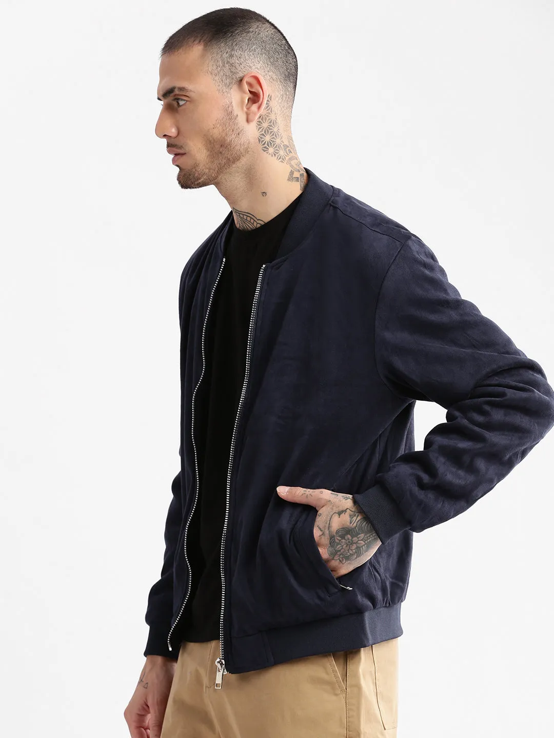 Men Mandarin Collar Navy Blue Solid Bomber Jacket