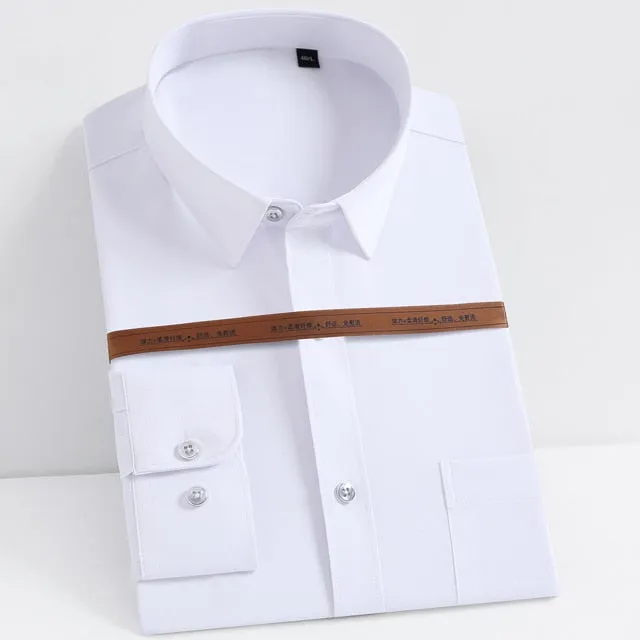 Men's Fashion Long Sleeve Silky Fabric Striped Shirts Single Patch Pocket Work Casual Standard-fit Easy Care Classic Dress Shirt