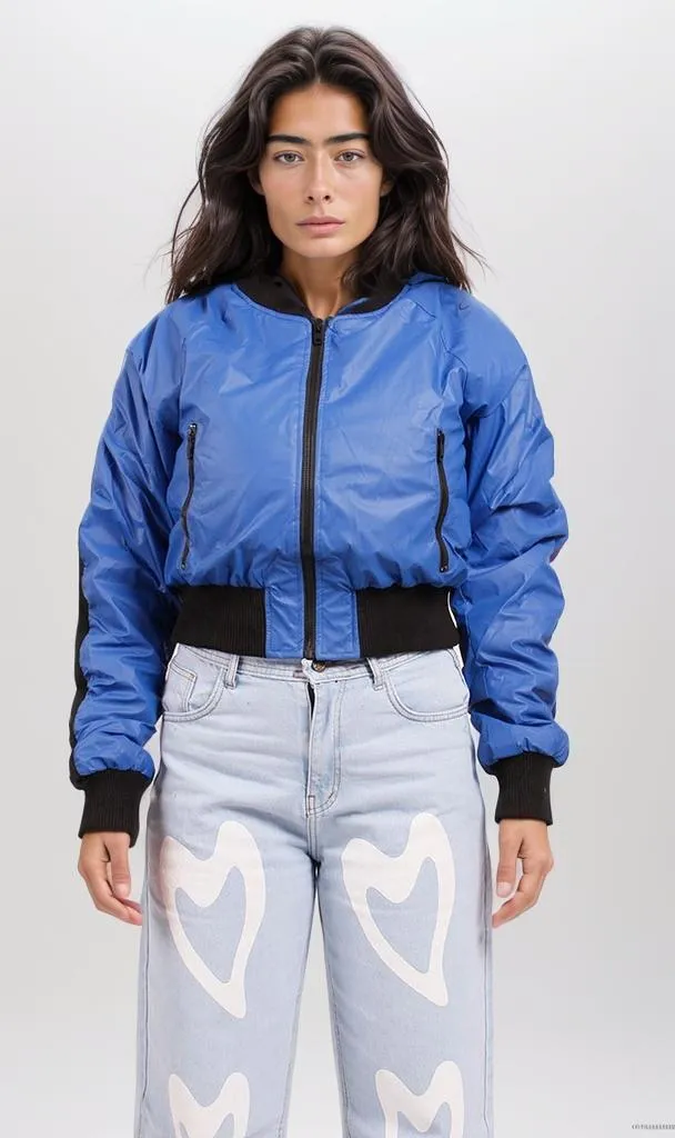 o200570-BOMBER JACKET WITH CONTRAST SLEEVES - BLUE & BLACK